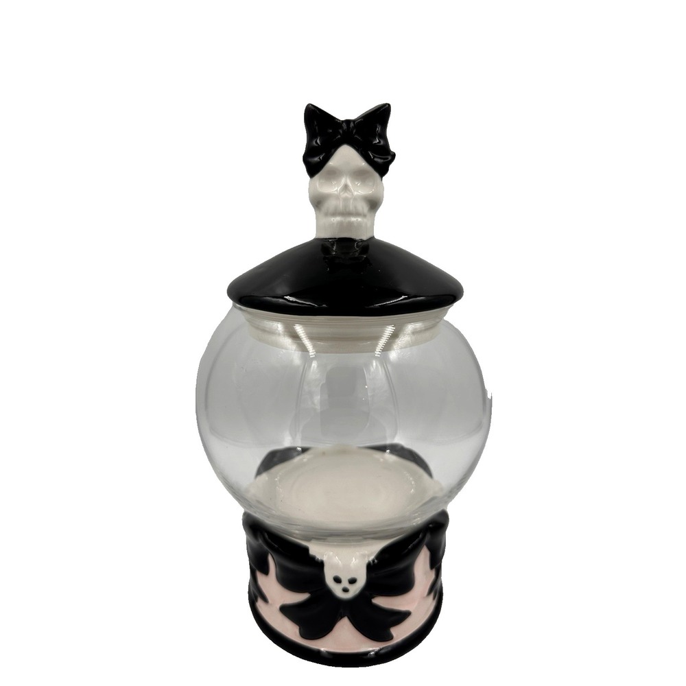 Cobwebs‎ & Cauldrons Candy Jar Black White Glass Skeleton Bow Halloween Gothic